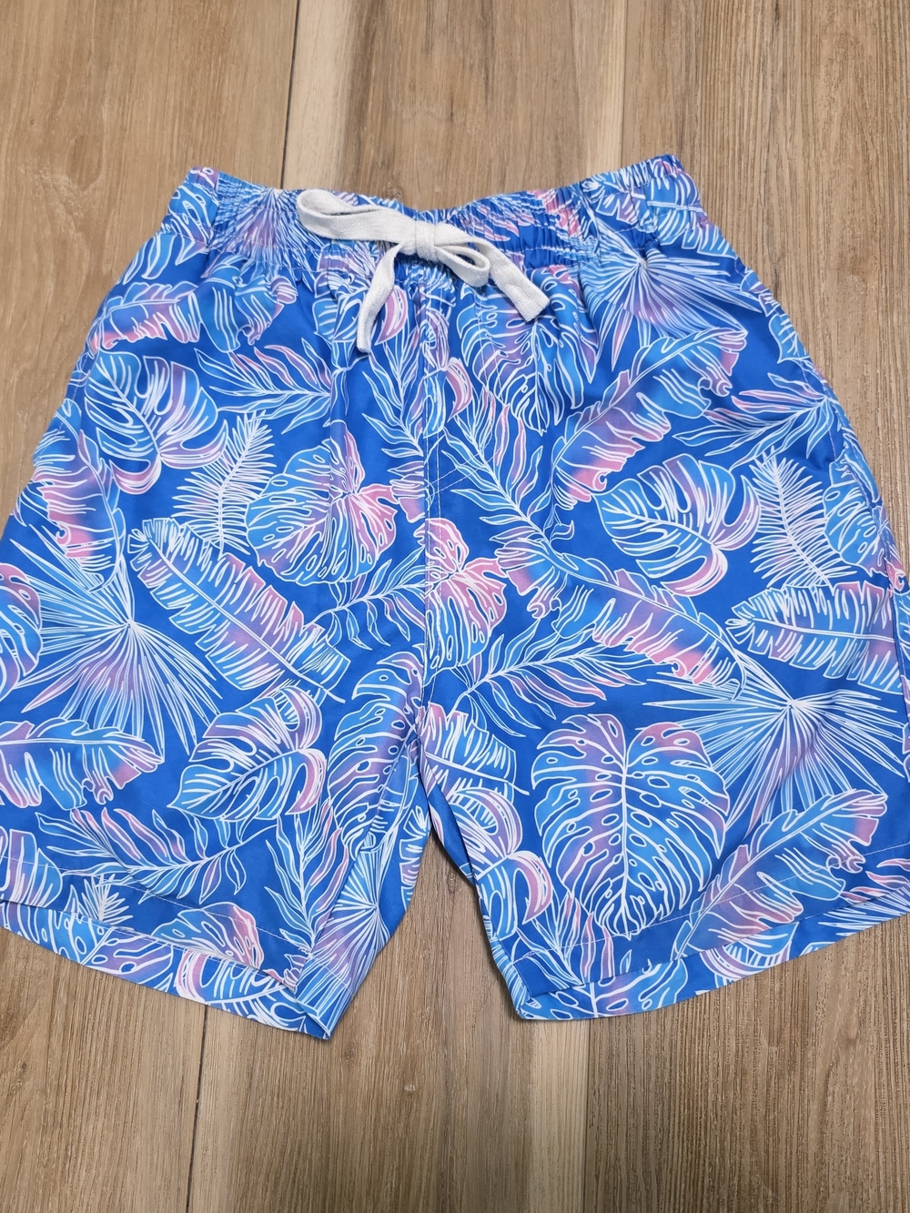 Boys Blue Tropical Leaf Swim Trunks with Pink Highlights 10